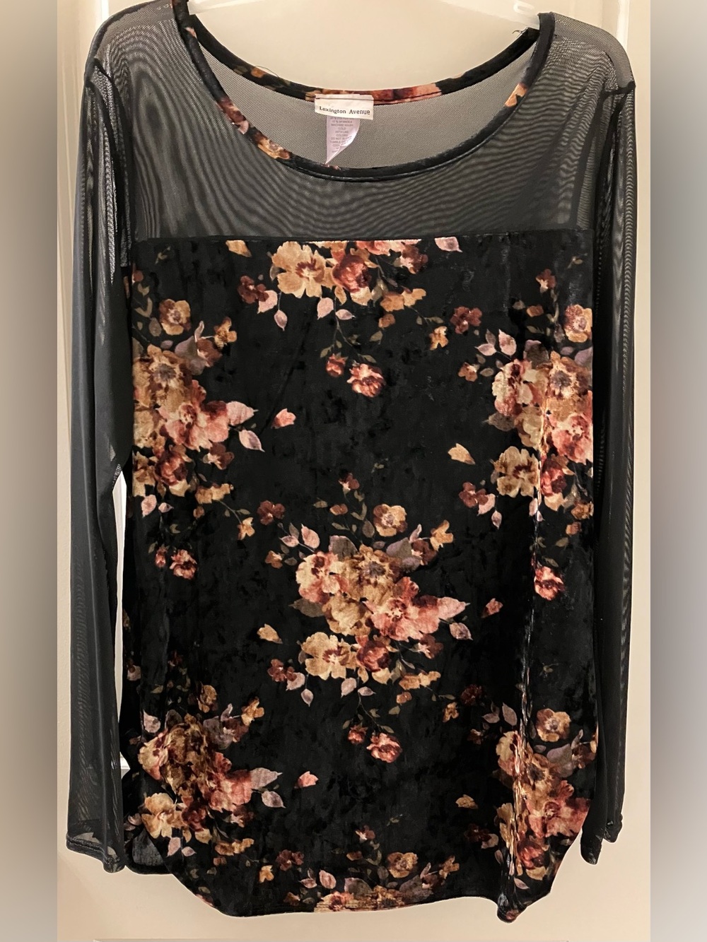 Lexington Avenue Women’s Velvet Floral Top - Sheer Mesh Accents Size L